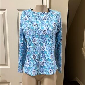 IBKUL Blue print mesh detail inside sleeve Top, large
